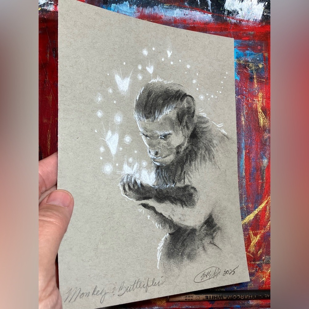 Original Monkey painting capuchin art Charcoal pastel Butterflies handmade USA - Picture 5 of 7